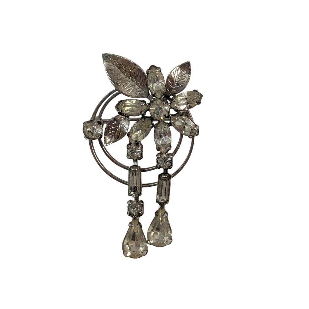 Vintage Bogoff Sterling Silver Rhinestone Floral Dangle Brooch Pin Mid Century